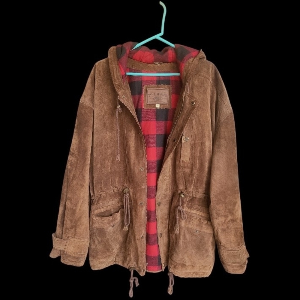 VTG New River Sportswear Brown Suede Leather Hooded Insulated Flannel Men’s Lg